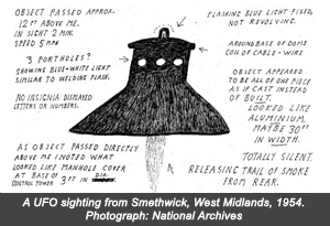 Drawing by an eye witness of a UFO sighting from Smethwick, West Midlands, 1954